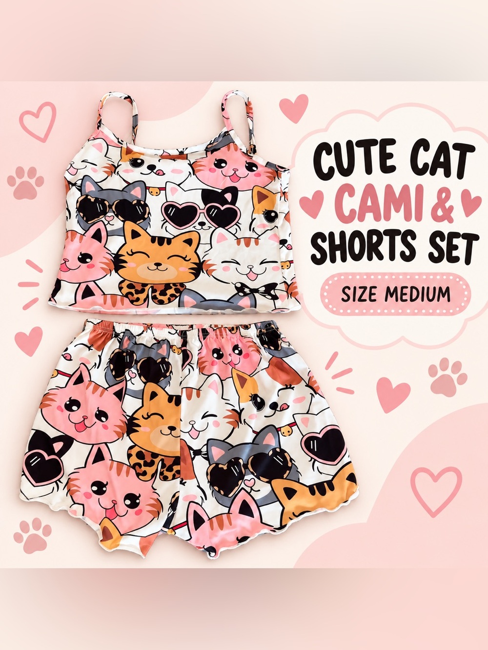 #0351 Cute Cat Print Girls' Cami & Shorts Set - Pink Multi